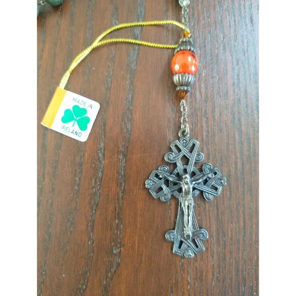 Connemara Marble Rosary Beads Green Orange Celtic Cross Necklace Made in Ireland - Picture 5 of 9